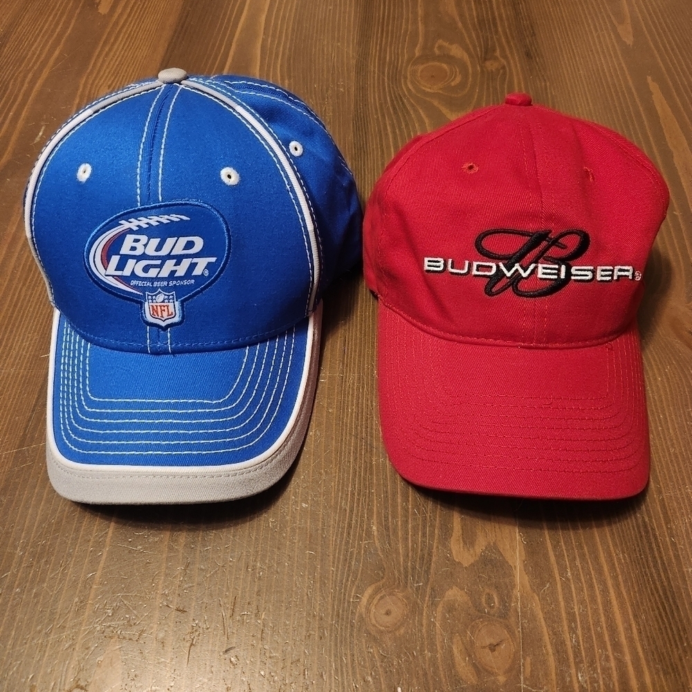 Vtg Red Budweiser Hat & Vtg Blue Bud Light NFL Hat Both Adjustable & 100% Cotton